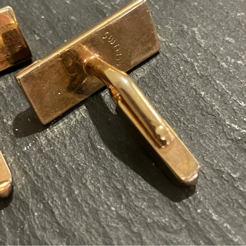 Vintage SWANK Gold Tone Cufflinks Brown Leather Inset